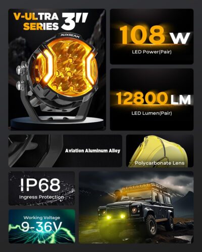 Auxbeam V-Ultra Series 3 Inch 108W Amber Fog Light Pods, DRL Function 3 Modes & Protective Covers, 270° Side Shooter Light Bar, Hyper Spot Beam Offroad Lights, for Truck ATV UTV Car Motorcycle, Pair - Image 9