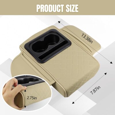 Hovom Car Center Console Cover, 13.39"×7.87"×2.76" Leather Armrest Cover for Cars, Memory Foam Armrest Pillow with Pocket, Cup Holder & Phone Slot, Universal Vehicle Arm Rest Cushion Pad (Beige) - Image 2