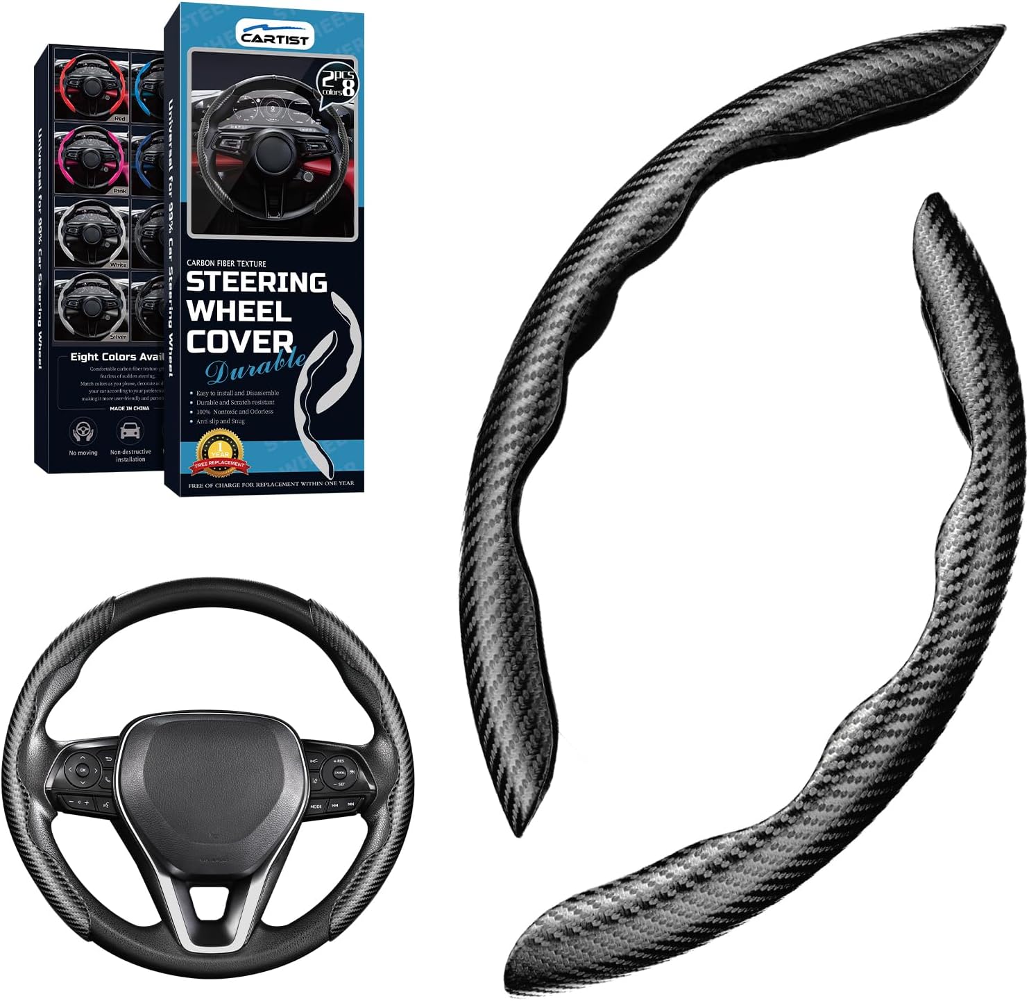 71Yew4FfGiL._AC_SL1500_.jpg Cartist Carbon Fiber Steering Wheel Cover - Anti-Slip, Steering Wheel Cover for Men/Women - Durable, Universal Car Accessory (Black) - Image 1