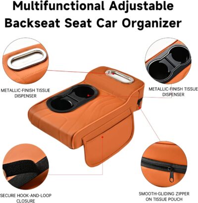 Universal Car Armrest Cover, Microfiber Leather Center Console Organizer with 2 Cup Holders, Tissue Pack & Side Storage Pockets, Black - Image 2