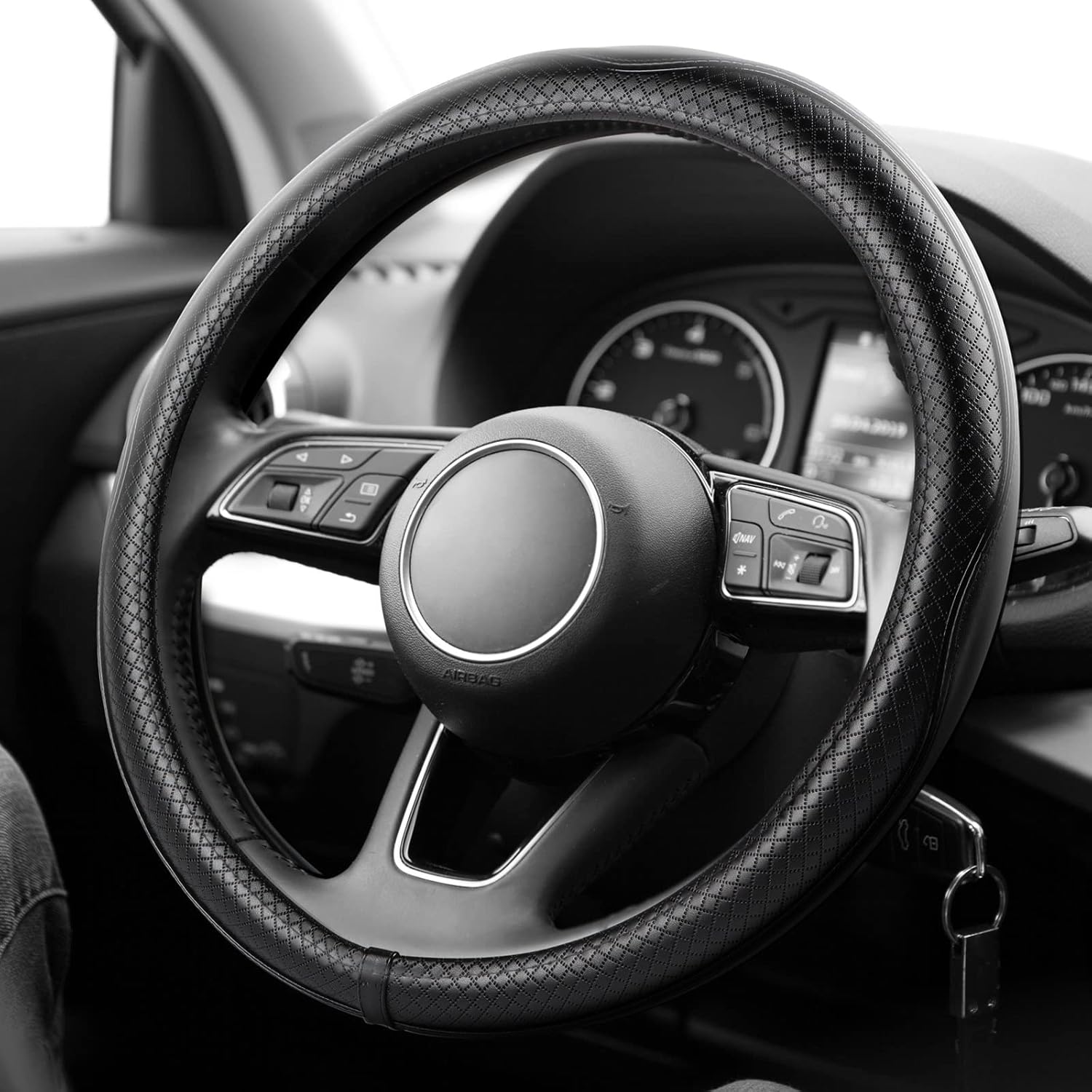 71Yk6Bqf2RL._AC_SL1500_.jpg K KNODEL Universal Fit Steering Wheel Cover, Microfiber Leather Car Steering Wheel Cover, Anti-Slip Car Wheel Protector, 15 Inch (Black) - Image 1