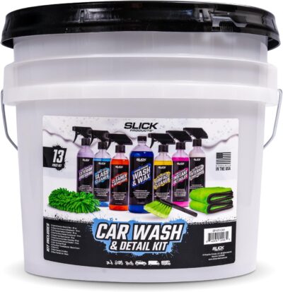Slick Products Car Wash & Detail Kit (13-Piece) – Complete Car Cleaning & Detailing Kit with Ceramic Wash, Degreaser, Interior Cleaner, Glass Cleaner, Towels, Brush, Wash Bucket & More - Image 2
