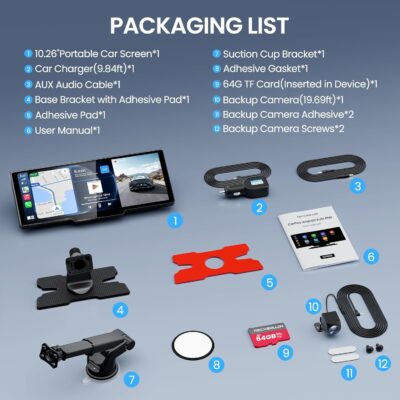 10.26'' Portable Apple CarPlay Screen for Car with 4K Dash Cam & 1080P HD Backup Camera, Wireless Car Play & Android Auto with OTA,GPS Navigation, Airplay, Mirror Link - Image 8
