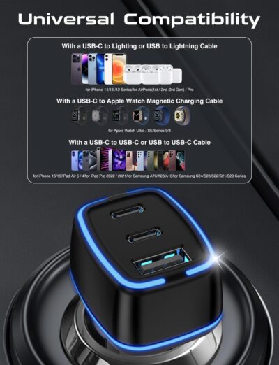USB C Car Charger, 3 Port PD Super Mini Cigarette Lighter Adapter, 2Pack USB-C & A Fast Car Charging for iPhone 16/15 Pro Max, Galaxy S25/S24, iPad, Pixel, Android Phones,Travel Essentials for Men - Image 7