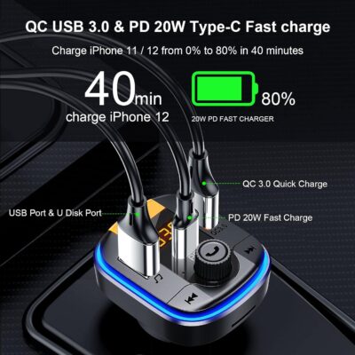 Bluetooth FM Transmitter for Car - BAISHUN Bluetooth 5.0 Adapter PD20W+QC3.0 Cigarette Lighter Radio Receiver Music Player Car Charger Supports Hands-Free Call Siri Google Assistant - Image 5