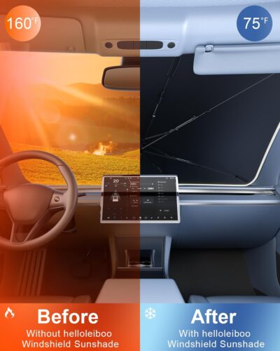 helloleiboo Car Windshield Sun Shade Umbrella 57" x 32", Windshield Sun Shade Foldable with 5-Layer Thickened Vinyl Coating Reflective Heat & UV Protection Fits Most Sedans & Compact SUVs - Image 2