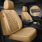 CAR PASS Piping Luxury PU Leather Two Front Car Seat Covers, Waterproof Anti Slip Seat Covers Compatible with Front Seat Armrests,Universal Fit for Suvs,Vans,Trucks,Airbag Compatible(All Beige) - Image 2