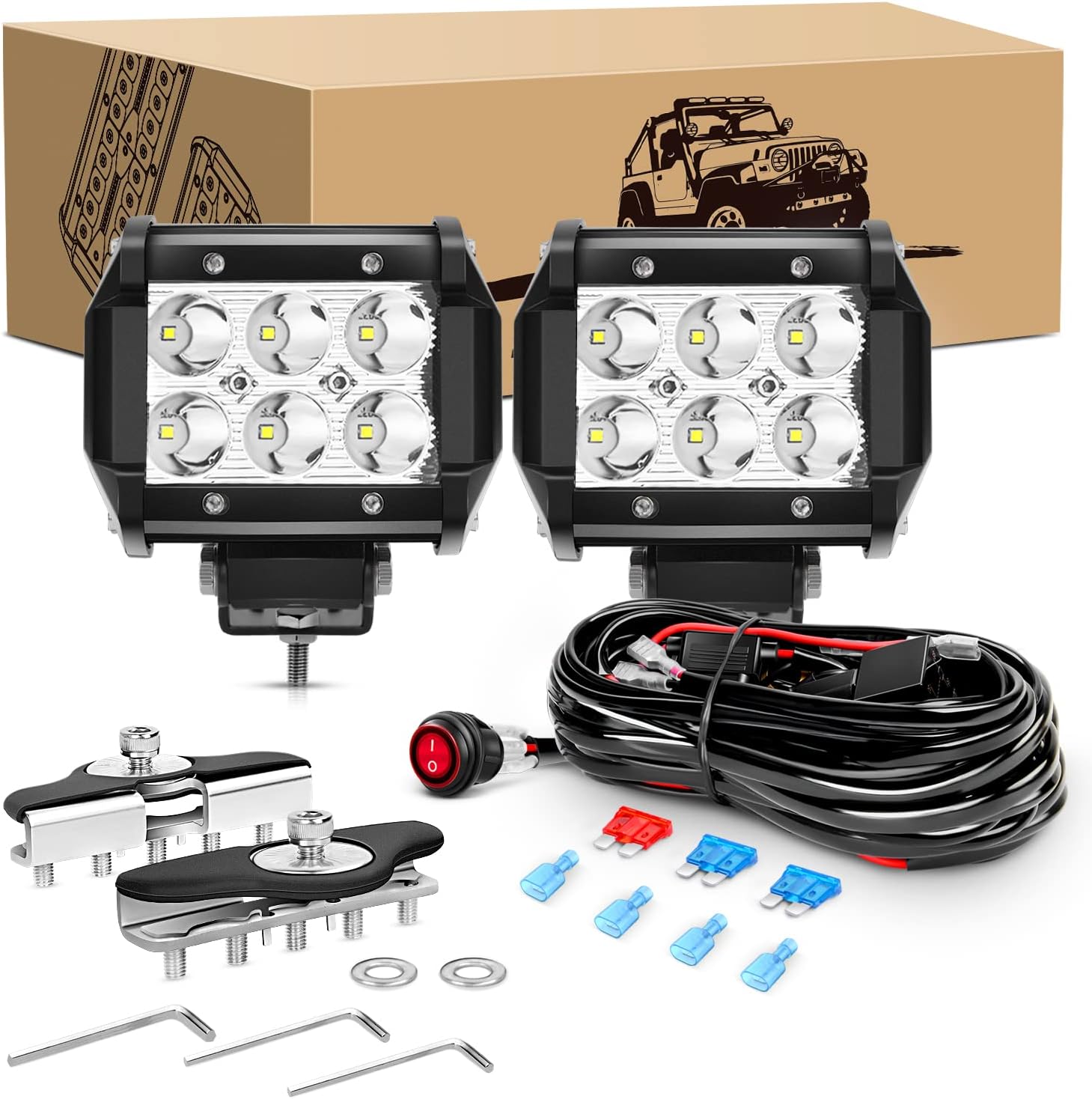 71ZhtZXC2fL._AC_SL1500_.jpg GOOACC 2PCS 18W LED Pods Spot Light Bar Fog Light Universal Adjustable Pillar Hood Led Work Light with 16AWG Off Road Wiring Harness-2 Leads for Truck Golf Cart SUV ATV UTV Boat, White (Auto-611) - Image 1