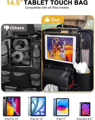 2-Pack Leather Car Backseat Organizer with Tablet Holder–Foldable Food Tray,Storage Pockets,Trash Can,Tissue Holder & Insulated Bag–Kick Mats Protector for Kids,Travel Accessories Organizer - Image 3