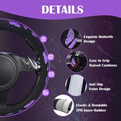 Car Pass Purple Butterfly Steering Wheel Covers, 14.5" to 15.5" Car Wheel Cover Universal Fit for Suvs, Small Trucks, Sedans, Cars for Cute Women Girly (Black and Purple) - Image 3