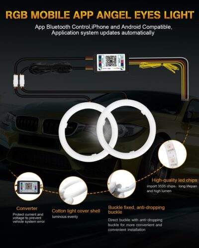 Qasim Angel Eyes Halo Rings Cotton Lights 12V 70MM RGB LED Universal for Car Scooter Motorcycle DRL Fog Light Turn Signal Light APP Bluetooth Control Multi-Color 2-Pack - Image 7