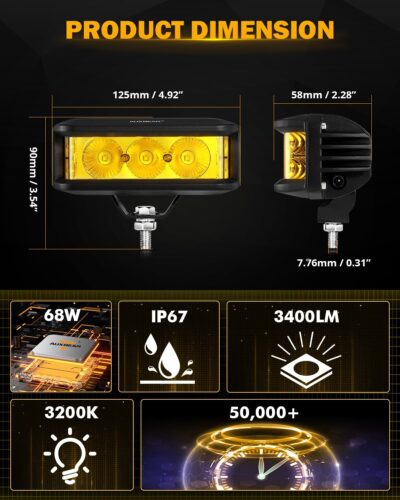 Auxbeam 5 Inch Amber Fog Light, Side Shooter Pod Lights 68W 6800LM LED Offroad Driving Lights with White Spot Flood Combo Beam, Waterproof Offroad Fog Light for UTV ATV Jeep Truck Boat (Yellow Beam) - Image 3