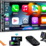 Upgrade Wireless Double Din Car Stereo with Carplay, Android Auto, Bluetooth, 4-Channel RCA, High Power, 2 Subwoofer Ports, 7" HD Capacitive Touchscreen Car Radio, Backup Camera, Audio Receiver