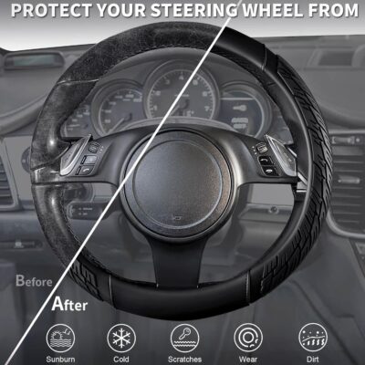 CAR PASS Leather Rubber Steering Wheel Covers Set,Heavy Duty Steering Wheel Covers&Mobile Phone Holder, Tire Tread Pattern Design,Non-Slip Wear-Resistant,Suitable for Steering Wheel 14 1/2”-15”Black - Image 5