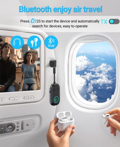 Bluetooth Transmitter Receiver, 3.5MM to Bluetooth 5.3 Transmitter, 2-in-1 Airplane Adapter for Headphone, TV, Airplane, Home Stereo, Speakers, Headphone, Car, Dual Connection - Image 2