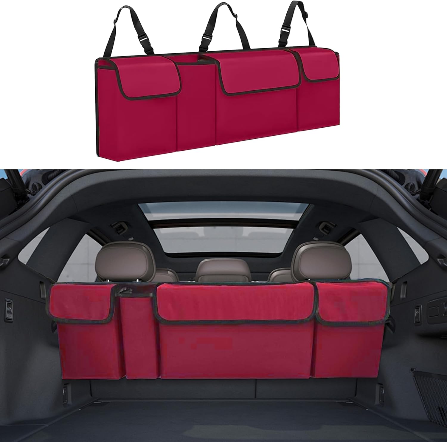 71aOn-TP2tL._AC_SL1500_.jpg Car Trunk Organizer, Backseat Hanging Large Storage with Adjustable Straps,Waterproof PVC Collapsible Cargo Bag, Car Interior Accessories for Auto SUV MPV (Red) - Image 1