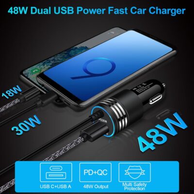 48W Super Fast Car Charger USB C Rapid Android Car Adapter with 30W Built-in Type C Fast Charging Cable for Samsung Galaxy S26 S25 S24 S23 Ultra S22 S21 S20 FE A16 A15 A14 A54 A53 A23 A13 Z Flip 7 6 - Image 3