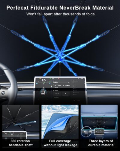 helloleiboo Car Windshield Sun Shade Umbrella 57" x 32", Windshield Sun Shade Foldable with 5-Layer Thickened Vinyl Coating Reflective Heat & UV Protection Fits Most Sedans & Compact SUVs - Image 3