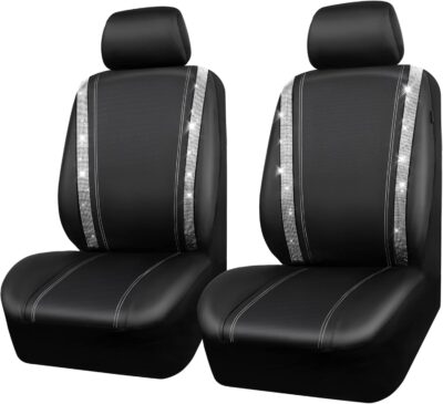 CAR PASS Leather Bling Diamond Car Seat Cover 2 Front Interior Sets, Waterproof Universal Shining Glitter Crystal Sparkle Fit for 95% Automotive Truck SUV Cute Women Girl, Black Silver Rhinestone - Image 8