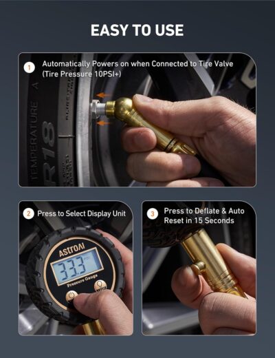 AstroAI Tire Pressure Gauge for Cars with Backlit LED, Solid Brass with Rubber Hose, Air Bleeder Valve, ANSI B40.7 Grade 2A(±0.5%), 3-250PSI - Image 6