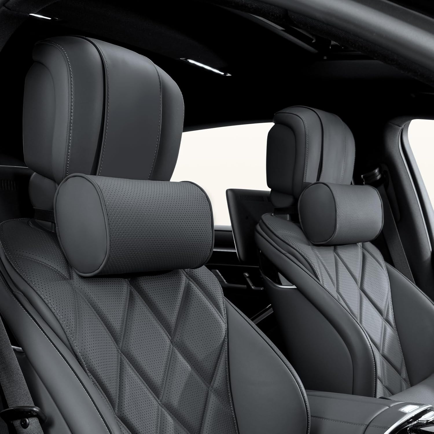 71afcFzZ0fL._AC_SL1500_.jpg Car Headrest Pillow for Driving - Luxury Leather 100% Memory Foam, Ergonomic Neck Support - Universal Fit Head Rest Travel Pillow for Most Cars, Home & Office, Black, 2 Pack - Image 1