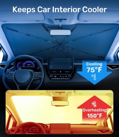 Zanch 2025 Upgraded Car Windshield Sun Shade [Cool Down by 75℉ ] with Heat Insulation Coating, Foldable Sunshade Umbrella Flexible Handle & Ribs, Medium (57''x32'') for Car, SUV, Truck, Van - Image 2
