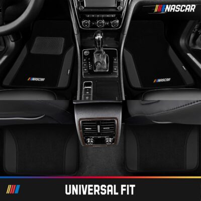 NASCAR Car Floor Mats, Carpet & Black Leather Design Car Mats, Universal-Fit All-Weather Car Floor Mats with Built-in Heel Pad & Anti-Slip Backing, Durable Odorless Automotive Interior Accessories - Image 2