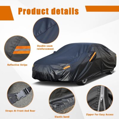 kayme 7 Layers Car Cover Custom Fit for Honda Accord Sedan/Coupe (2001-2025) Waterproof All Weather for Automobiles, Outdoor Full Cover Rain Sun UV Protection with Zipper Cotton/Black - Image 4