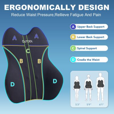 QUTOOL Lumbar Support Pillow for Car, Truck Accessories Travel Essentials, Memory Foam Back Cushion for Driving Seat, Back Pain Relief,Washable Cover, Lower Back Support Fits Most Cars(Black) - Image 3