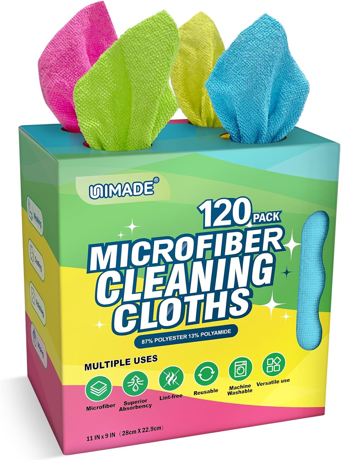 71auLroqwGL._AC_SL1500_.jpg Microfiber Cleaning Cloth, 120 Pack Reusable Paper Towels Microfiber Towels for Cars Lint Free Washable Tissues Shop Rags with Dispenser Box for Home Kitchen Automotive, 11"x 9", Multicolor - Image 1
