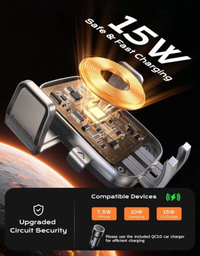 Wireless Car Charger, [15W Fast Charging] Car Phone Mount with Upgrade Suction, Car Phone Holder Charger for Dashboard Windshield Compatible with iPhone 16/15/14 Pro Max, Galaxy S25/S24 Grey - Image 2