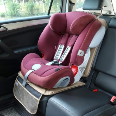 Car Seat Protector Leather Waterproof Child Safety Seat Protector Cover with Thick Pad and 2 Large Pockets Durable Kick Mat for All Auto Seat (Beige) - Image 2
