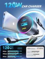 120W Fast Car Charger for iPhone 14 13 12 11-17 Pro Max Plus Mini SE XR XS X 8 7 6, iPad, PD 100W Super Fast Charging & Ultra-Compact Adapter Cigarette Lighter with [USB L Cable to USB C] and USB-C&A - Image 2