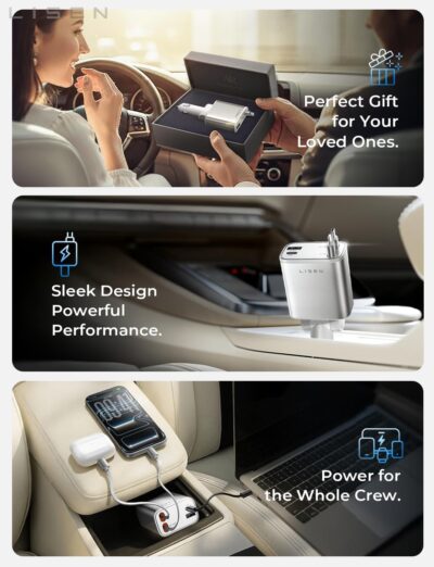 LISEN White Retractable Car Charger, for Gifts for Him Her, for iPhone 17, Cute 4 in 1 Retractable USB C Car Charger for Women, 75W Fast Charging Car Accessories for iPhone & Samsung S26 & Android - Image 4