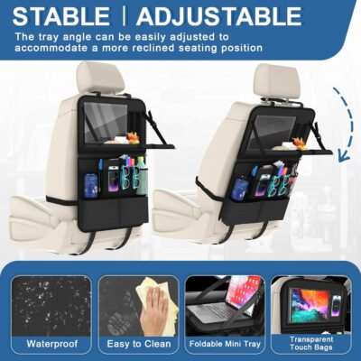 Car Backseat Organizer with Detachable Steering Wheel Tray, 11-Pockets Storage & Tablet Holder, Kids Kick Mats Protector - Travel Accessories (1-Pack) - Image 7