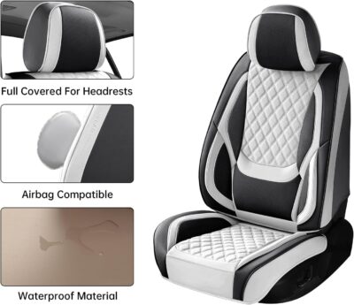 Car Seat Covers Full Set, Luxury Leather Waterproof Non-Slip Seat Protector Universal Fit for Most Cars SUVs Trucks Pick-ups,White and Black Car Accessories Interior(Full Set White) - Image 7