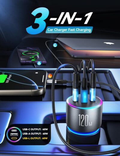 120W Fast Car Charger for iPhone 14 13 12 11-17 Pro Max Plus Mini SE XR XS X 8 7 6, iPad, PD 100W Super Fast Charging & Ultra-Compact Adapter Cigarette Lighter with [USB L Cable to USB C] and USB-C&A - Image 8