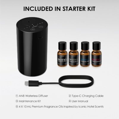 Airversa Waterless Essential Oil Diffuser Starter Kit with 4 x 10mL Hotel Scent Fragrance Oil, Battery Operated Mini Scent Air Machine Portable Diffuser for Home Car Office, AN8 Kit Black - Image 4