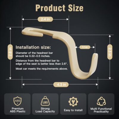 Amooca 4-Pack Car Headrest Hooks Vehicle Storage Organizer for Purses Handbags Groceries Coats –Holds 55lbs 360° Rotating Simple Design Beige - Image 6