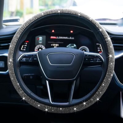 Bling Rhinestone Steering Wheel Cover with Crystal Diamond for Women, Sparkling Car Wheel Protector Universal Fit 14-15 inches - White - Image 2