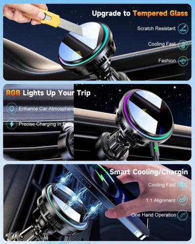 2026 Upgraded TEC & Fan Cooling Magnetic Wireless Car Charger, For 15W Magsafe Car Mount Charger, Air Vent Dashboard Fast Charging Car Phone Holder for iPhone 17/16/15/14/13/12, Samsung ＆ Pixel - Image 5