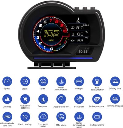 obd2 Gauge Display Heads up Display for Cars Car HUD Head Up Display P6, OBD+GPS Smart Gauge, obd2 Speedometer with Speed,RMP,Water Temperature,Overspeed Alarm,Works Great for Most Cars - Image 3