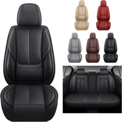 Black Car Seat Cover with Lumbar Support, Car Seat Protector Waterproof, Nappa Leather Car Seat Cushion, Car Seat Covers Front Seats and Back Fit for Most Cars - Image 4