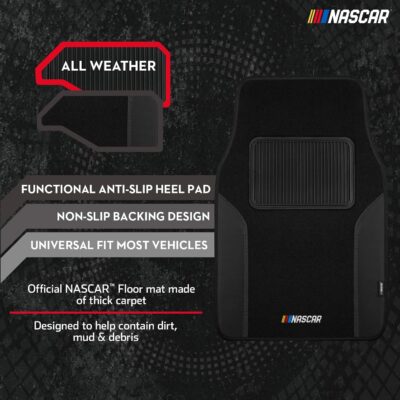 NASCAR Car Floor Mats, Carpet & Black Leather Design Car Mats, Universal-Fit All-Weather Car Floor Mats with Built-in Heel Pad & Anti-Slip Backing, Durable Odorless Automotive Interior Accessories - Image 3