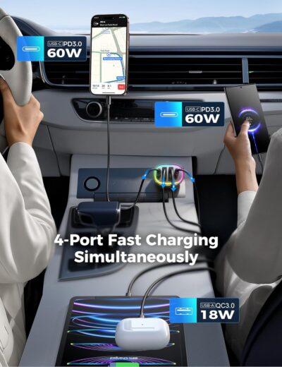 120W for iPhone 17 16 Pro Max Car Charger USB C Fast Charge, 4-Port Car Charger Cigarette Lighter Adapter, Dual 60W USBC & USB-A Multiport Car Adapter for iPhone 17 Pro/15/14/13, Galaxy S26/S25, iPad - Image 3