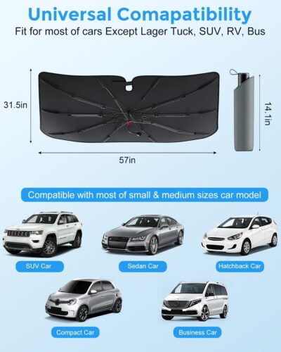 DMJN Umbrella Windshield Sun Shade - Medium, Car Sunshade for Front Windshield [Nano Ice-Crystal Coatings] UPF50+ Heat & UV Block, Protect Interior & Keep Cooler Universal for Car, SUV, Truck - Image 6