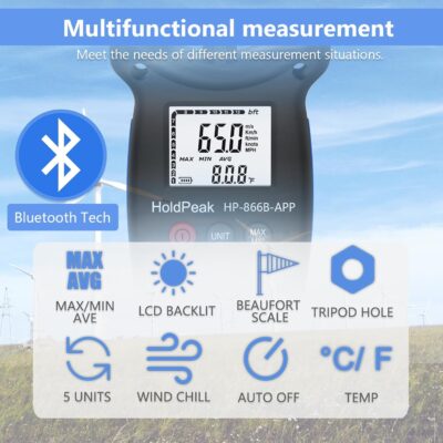 HoldPeak Handheld Anemometer Bluetooth with Tripod, Digital Wind Speed Gauge Meter, Air Flow Velocity Temperature CFM Measuring Device for HVAC Outdoor Sailing Shooting Golf, 866B-APP - Image 5