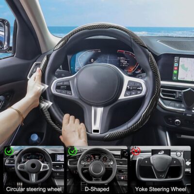 Carbon Fiber Steering Wheel Cover 3PCS, Non-Slip Grip for Universal Cars,Fit for 14–16 Inch Wheels, Interior Accessories for Cars Trucks (Black) - Image 4