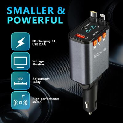 Retractable Car Charger,5 in 1 Fast Cars Phone Charger 60w,Bluetooth 5.3 FM Transmitter Adapter,Handsfree Call,MP3 Player,2 Retractable Cables and USB Chargers, for Phone,Galaxy,Pixel (Black) - Image 5