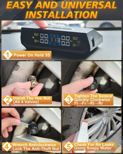 RV Tire Pressure Monitoring System, Wireless TPMS with Solar Charger and USB, 4 Sensors and 6 Alarm Modes Real-time Color LCD Display Tire Pressure Monitor System for SUV Mpv Sedan Truck - Image 7